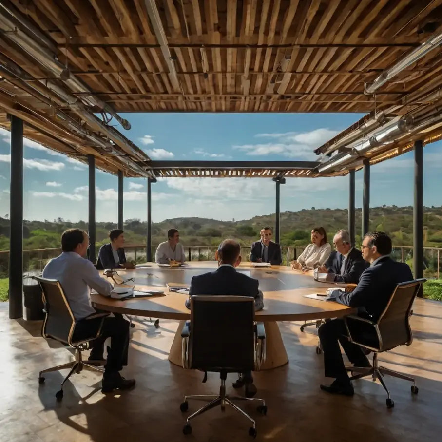 Sala de reunião com mesa oval e paredes abertas para fora